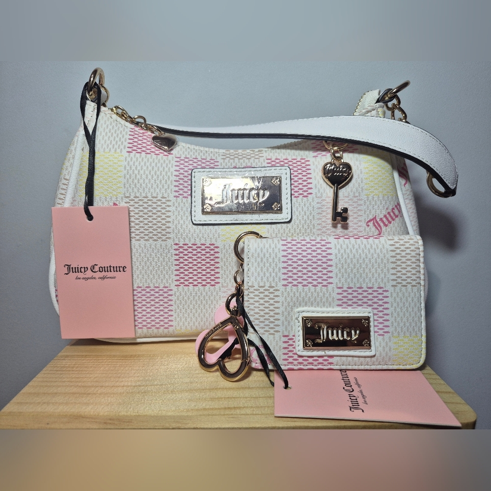 COMBO Juicy Couture White and Pink Checkered Handbag Set